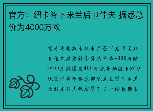 官方：纽卡签下米兰后卫佳夫 据悉总价为4000万欧